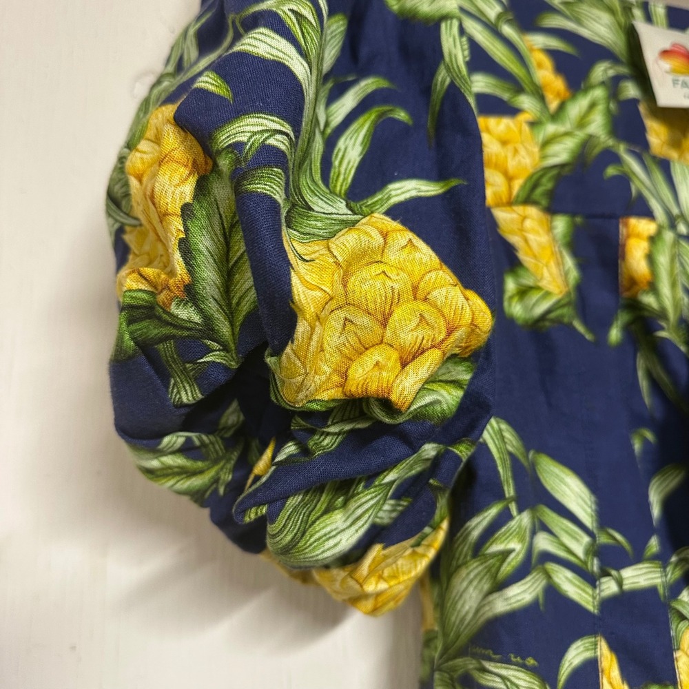 NWT Farm Rio Navy Blue Pineapple Print Puff Sleeve Mini Pleated Dress Sz S Linen - Picture 3 of 9